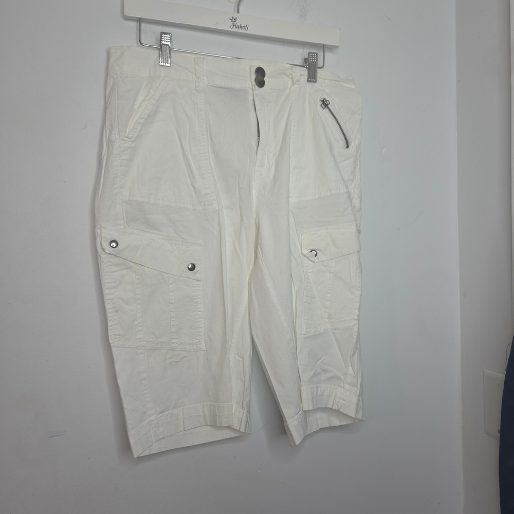 Ashley Stewart White Cargo Shorts Womens 14 Stretch Cotton Utility Knee Length